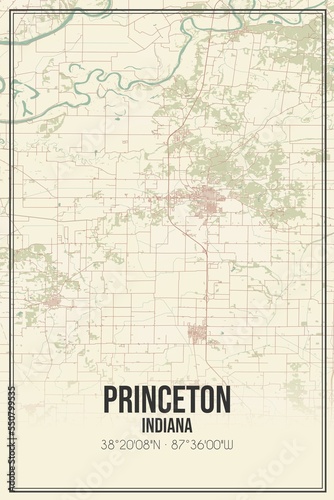 Retro US city map of Princeton, Indiana. Vintage street map.