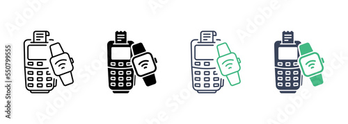 Smartwatch and Bank Terminal Wireless Payment Line and Silhouette Icon Set. Pay by Smart Watch for Purchase Pictogram. POS and Electronic Bracelet Symbol Collection. Isolated Vector Illustration