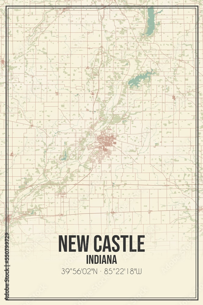 Retro US city map of New Castle, Indiana. Vintage street map.