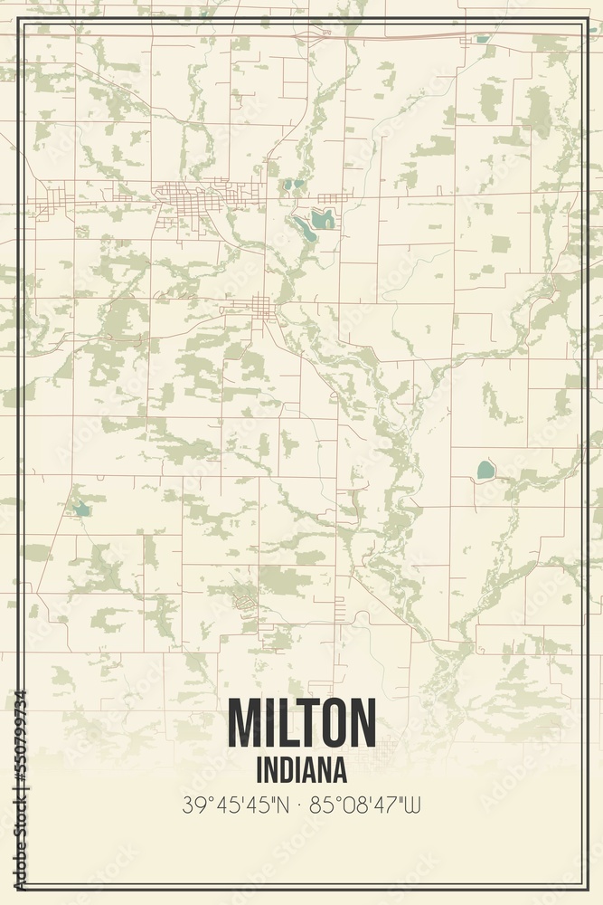 Retro US city map of Milton, Indiana. Vintage street map.