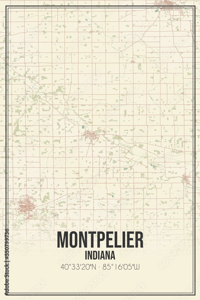 Retro US city map of Montpelier, Indiana. Vintage street map.