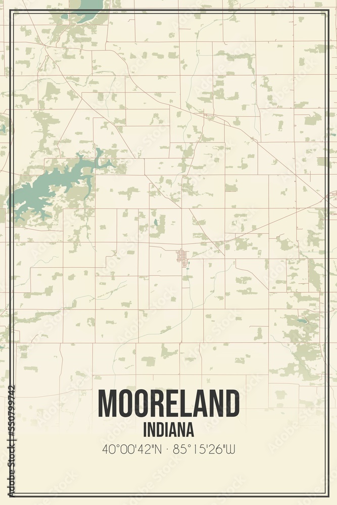 Retro US city map of Mooreland, Indiana. Vintage street map.