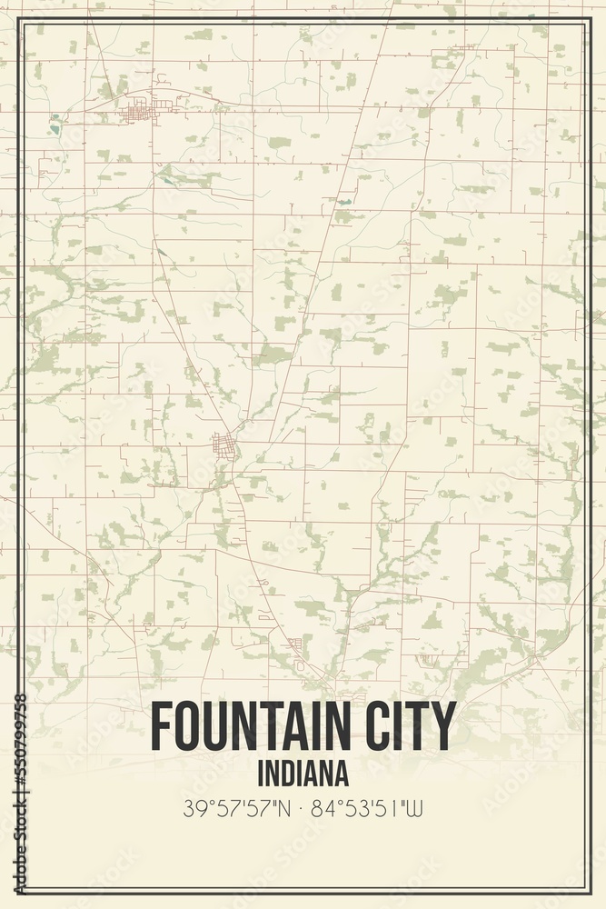 Retro US city map of Fountain City, Indiana. Vintage street map.