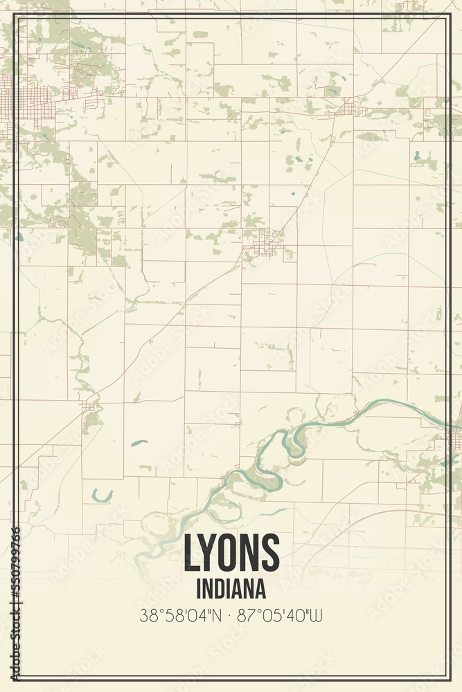 Retro US city map of Lyons, Indiana. Vintage street map.