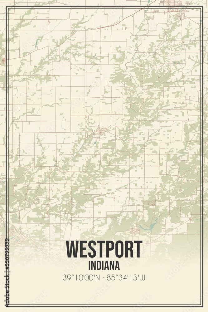 Retro US city map of Westport, Indiana. Vintage street map.