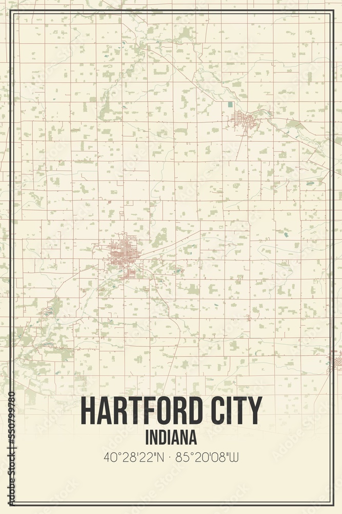 Retro US city map of Hartford City, Indiana. Vintage street map.