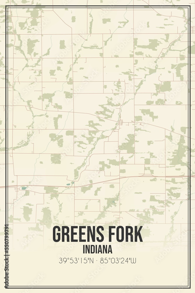 Retro US city map of Greens Fork, Indiana. Vintage street map.