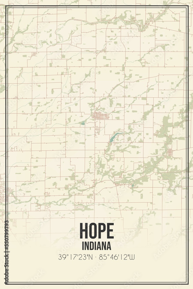 Retro US city map of Hope, Indiana. Vintage street map.