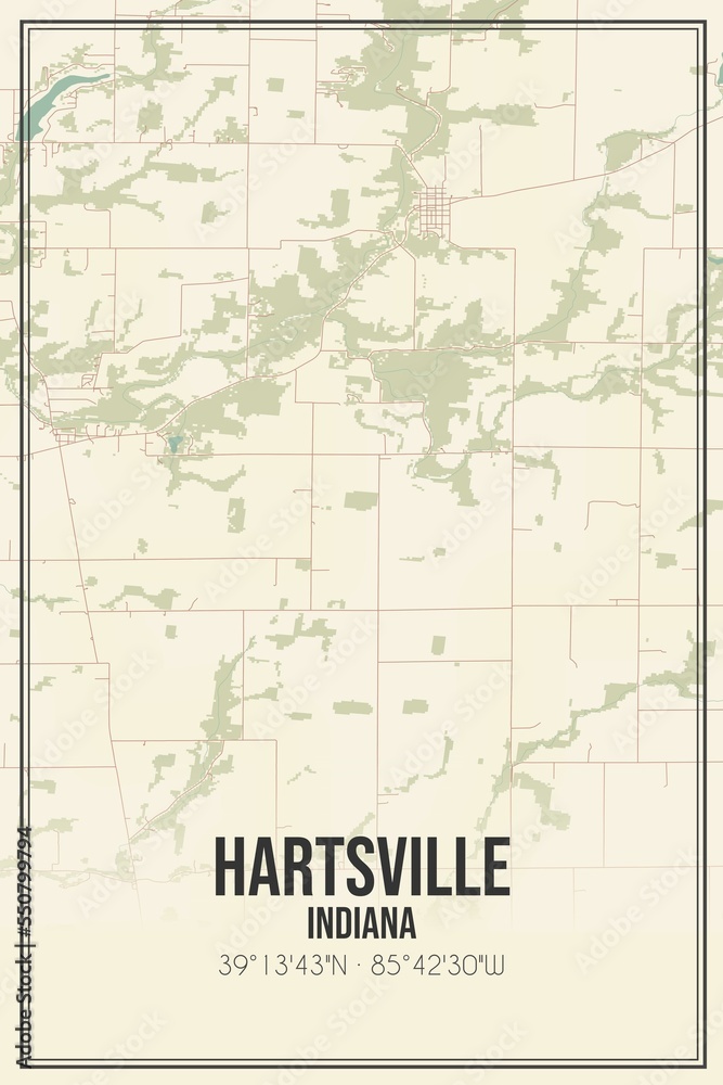 Obraz premium Retro US city map of Hartsville, Indiana. Vintage street map.