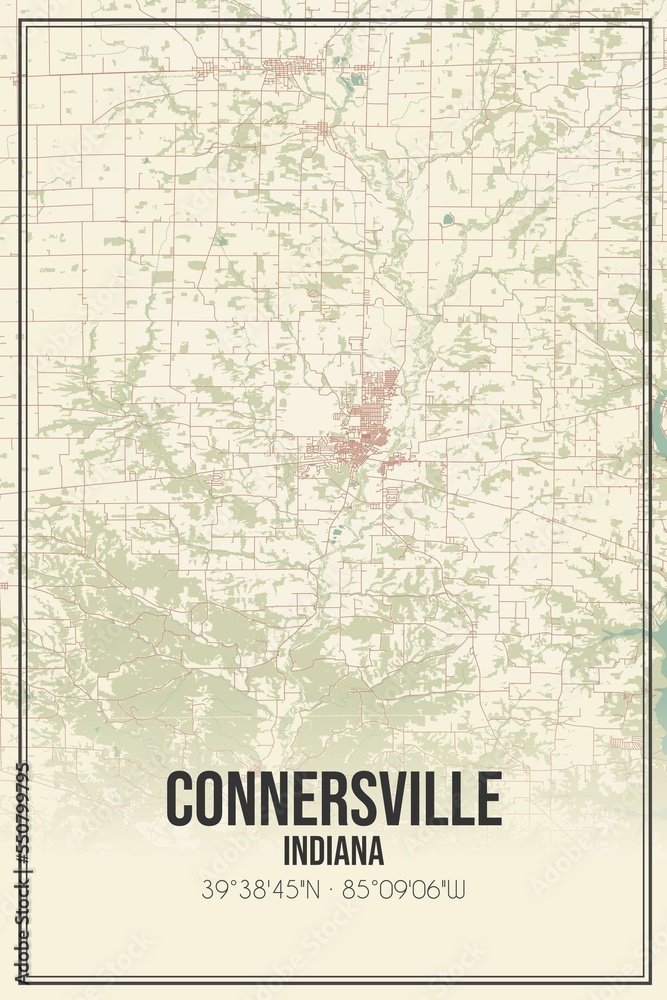 Retro US city map of Connersville, Indiana. Vintage street map.