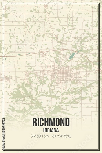 Retro US city map of Richmond, Indiana. Vintage street map.