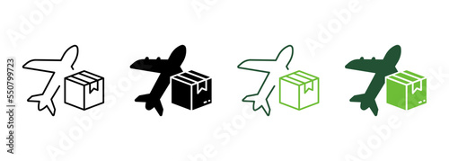 Air International Delivery Service Silhouette and Line Icon. Plane Deliver Parcel Box Pictogram. Cargo Airplane Transport Worldwide Fast Delivery Icon. Editable Stroke. Isolated Vector Illustration