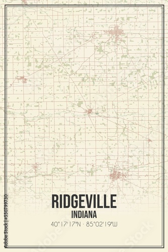 Retro US city map of Ridgeville, Indiana. Vintage street map.