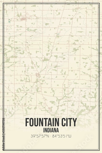 Retro US city map of Fountain City  Indiana. Vintage street map.