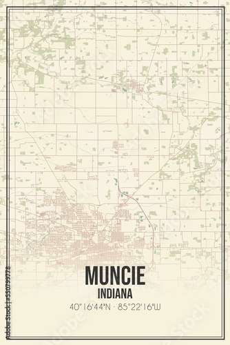 Retro US city map of Muncie, Indiana. Vintage street map. © Rezona