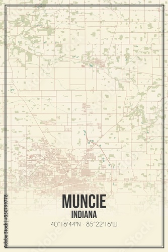 Retro US city map of Muncie, Indiana. Vintage street map.