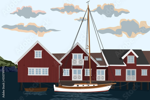 Sailboat tied to the dock near typical nordic houses on the coast, stylish illustration