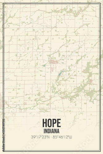 Retro US city map of Hope  Indiana. Vintage street map.
