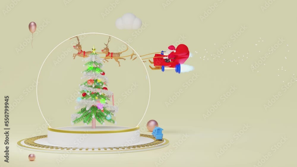 snow globe with christmas tree santa claus, reindeer sleigh fly, steam train transport toy isolated on beige. Christmas banner, festive New Year, 3d animation, alpha channel