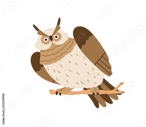 Cute owl sitting on tree branch. Funny feathered bird looking with curious bulging eyes. Adorable amusing night Uhu birdie on twig. Flat vector illustration isolated on white background