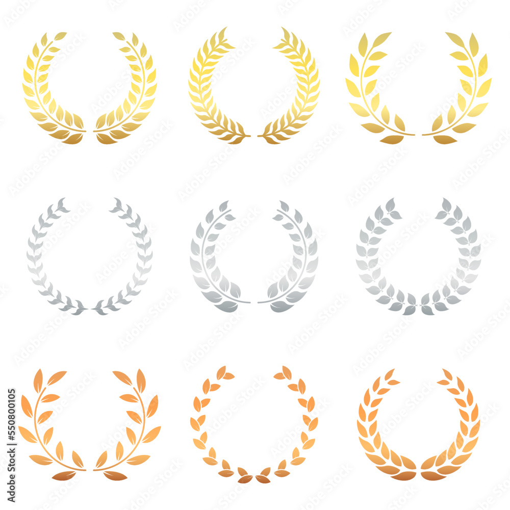 Gold, Silver, and Bronze Laurel Wreath Silhouette Icon Set. Success Chaplet Symbol. Champion Foliate Trophy Pictogram. Olive Leaves Branch Award Round Emblem. Isolated Vector Illustration Gold, Silver, and Bronze Laurel Wreath Silhouette Icon Set. Success Chaplet Symbol. Champion Foliate Trophy Pictogram. Olive Leaves Branch Award Round Emblem. Isolated Vector Illustration