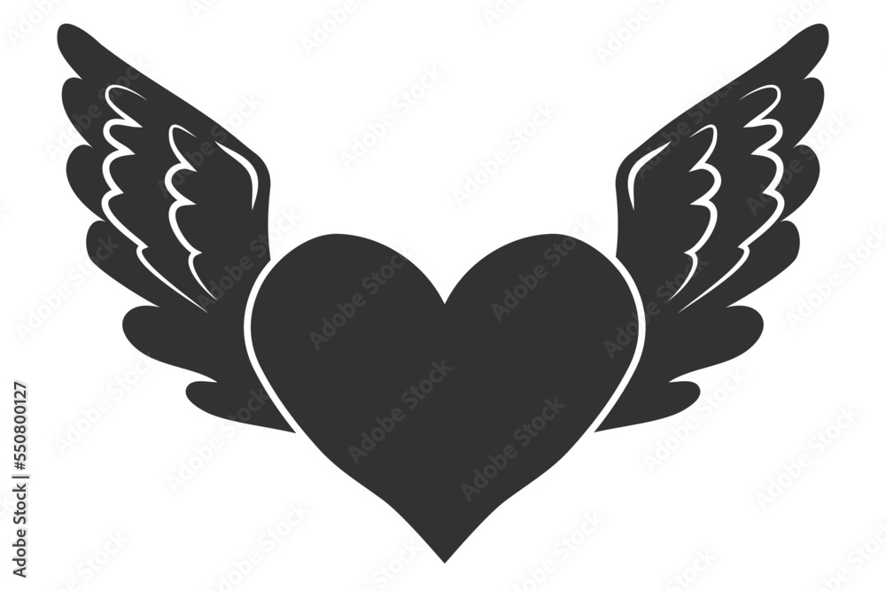 Angel wings with heart in cartoon style isolated on white background, design element for decoration.