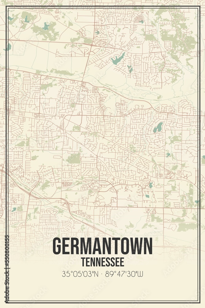 Retro US city map of Germantown, Tennessee. Vintage street map.