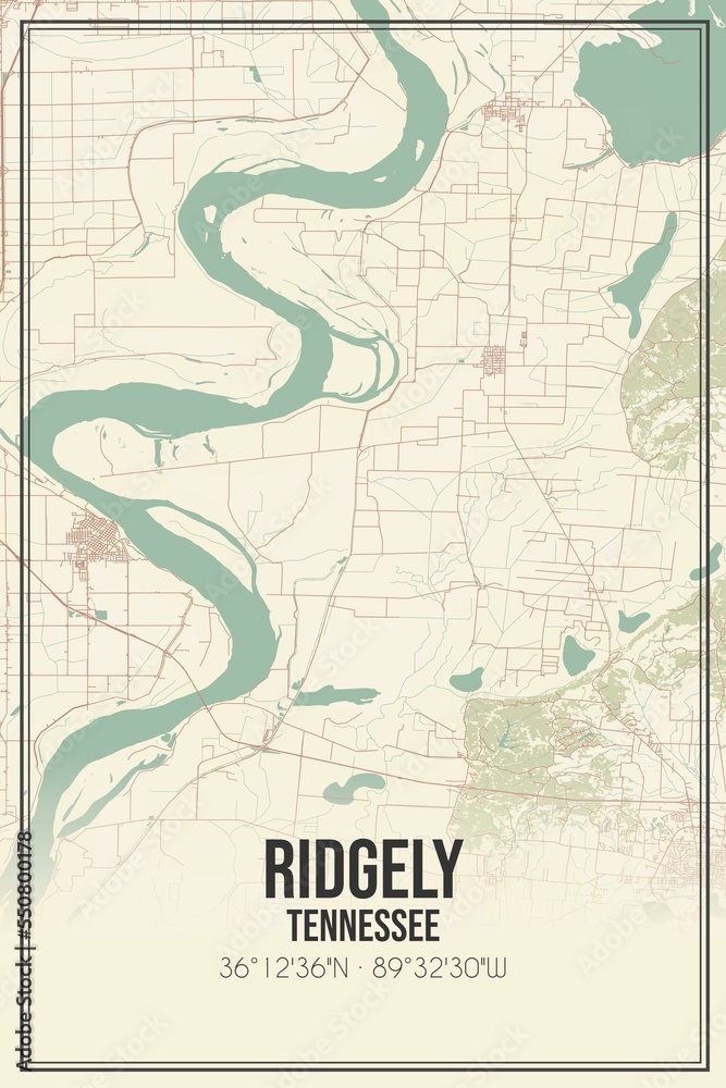 Fototapeta premium Retro US city map of Ridgely, Tennessee. Vintage street map.