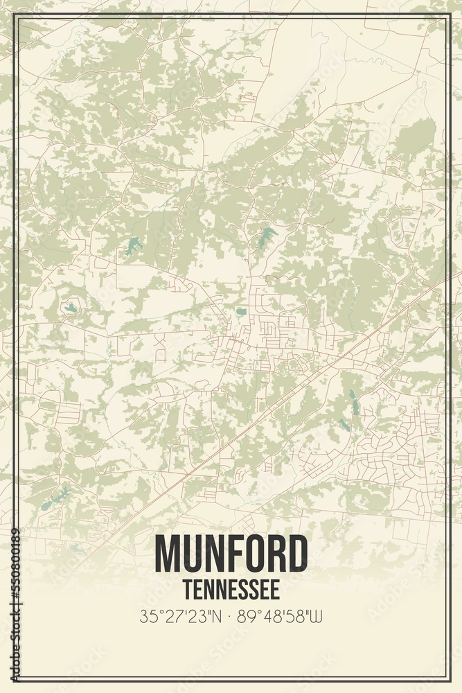 Retro US city map of Munford, Tennessee. Vintage street map.