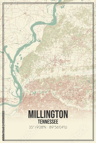 Retro US city map of Millington  Tennessee. Vintage street map.