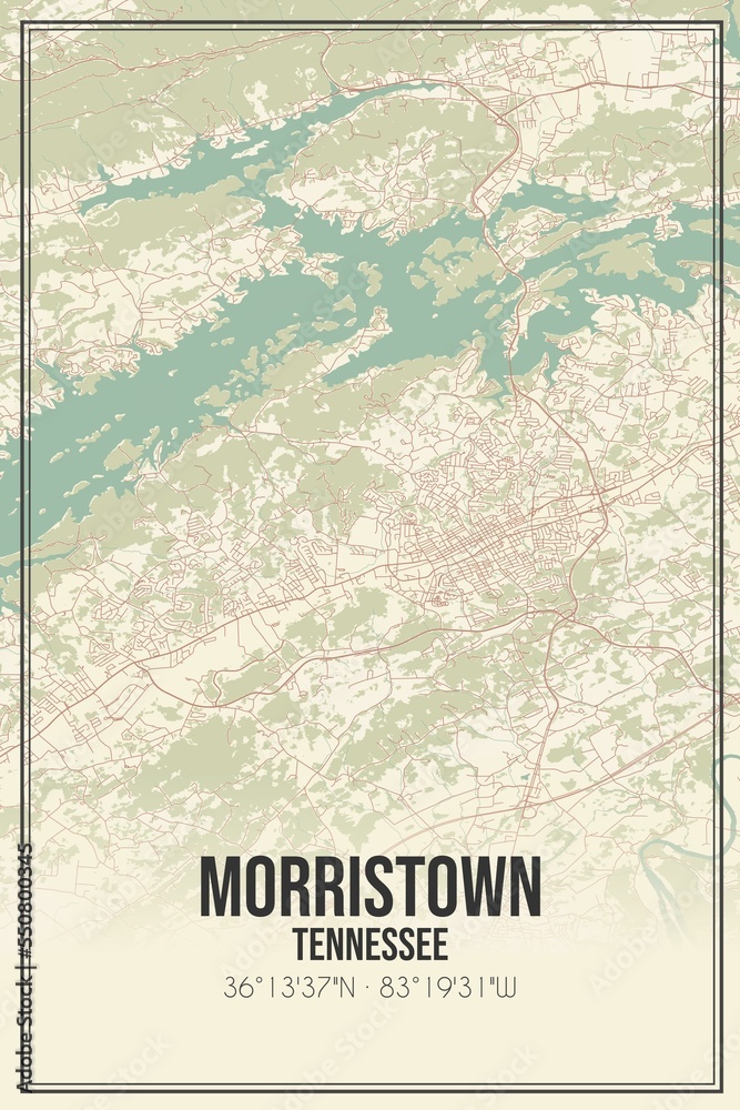 Retro US city map of Morristown, Tennessee. Vintage street map.