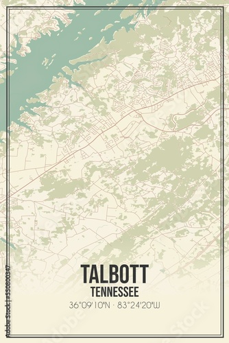 Retro US city map of Talbott, Tennessee. Vintage street map.
