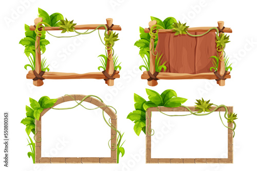 Set frame from sticks, wooden planks, stone bricks with grass and liana, jungle leaves in comic cartoon style isolated on white background. Border, jungle panel textured and detailed. Game asset, menu