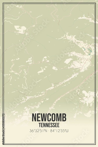 Retro US city map of Newcomb, Tennessee. Vintage street map. photo