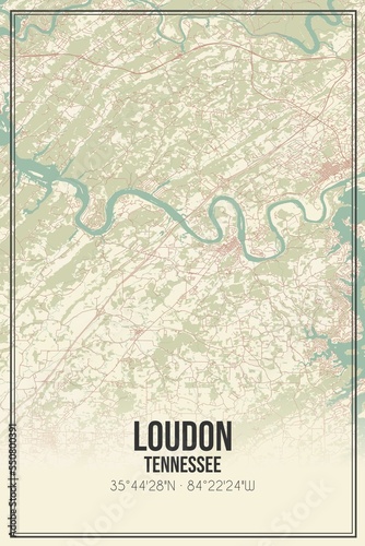 Retro US city map of Loudon, Tennessee. Vintage street map. photo