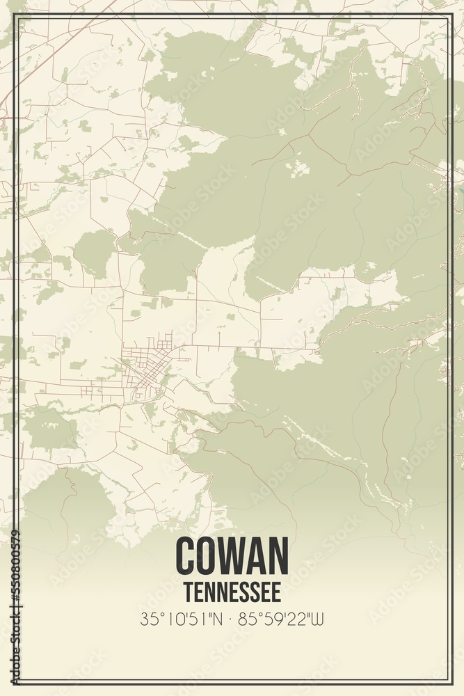 Retro US city map of Cowan, Tennessee. Vintage street map.