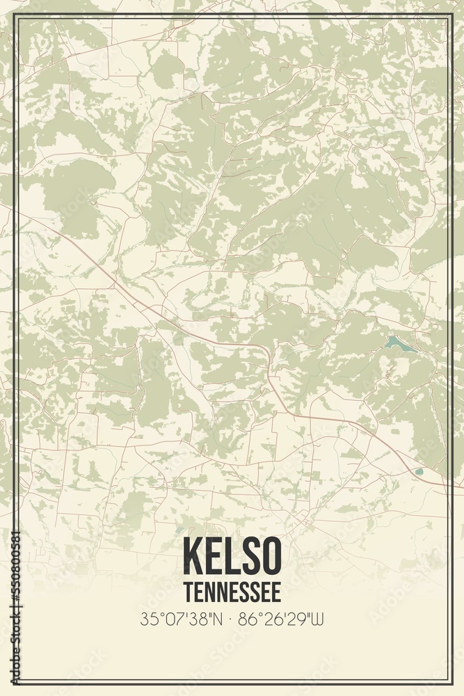 Retro US city map of Kelso, Tennessee. Vintage street map.