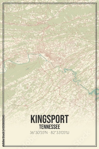 Retro US city map of Kingsport, Tennessee. Vintage street map. photo