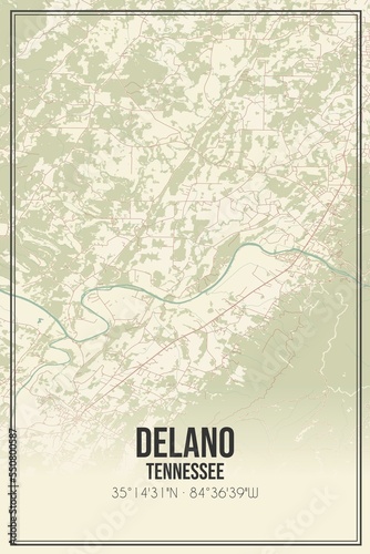 Retro US city map of Delano, Tennessee. Vintage street map.