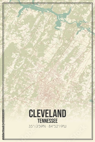 Retro US city map of Cleveland, Tennessee. Vintage street map.