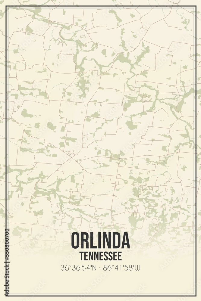 Retro US city map of Orlinda, Tennessee. Vintage street map.