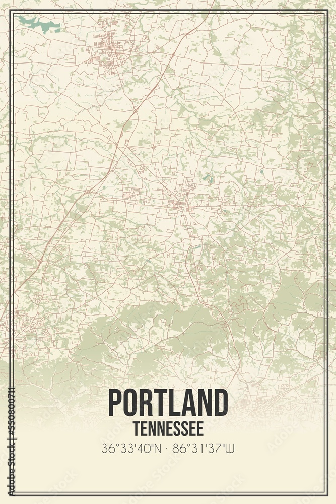 Retro US city map of Portland, Tennessee. Vintage street map.