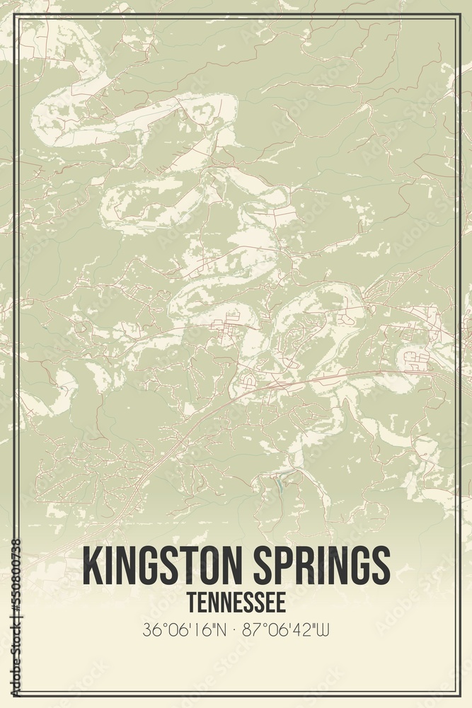 Retro US city map of Kingston Springs, Tennessee. Vintage street map.