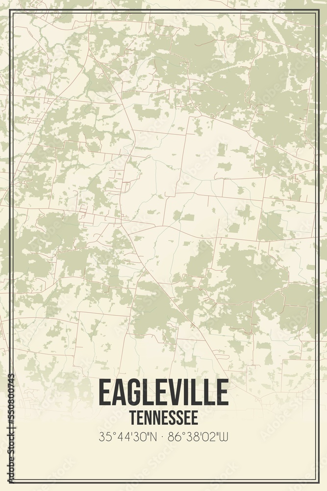 Retro US city map of Eagleville, Tennessee. Vintage street map.