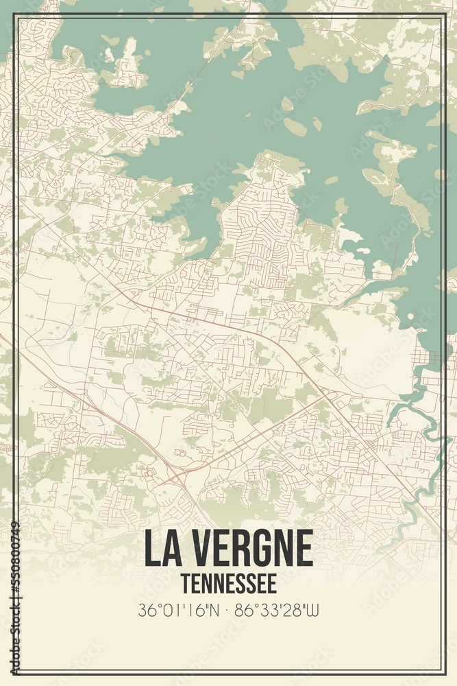 Retro US city map of La Vergne, Tennessee. Vintage street map.