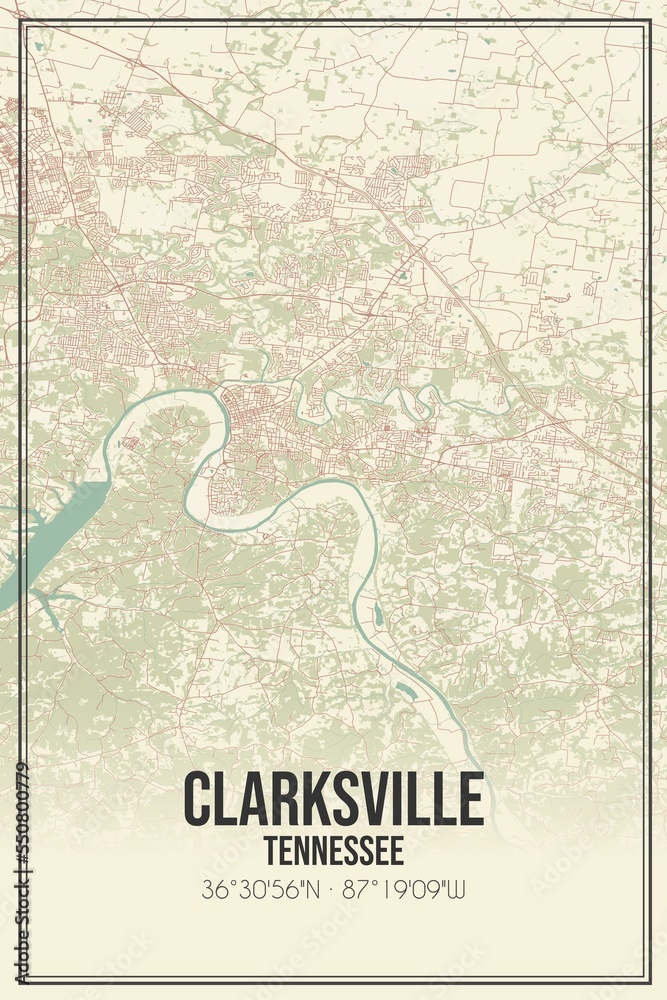 Retro US city map of Clarksville, Tennessee. Vintage street map.