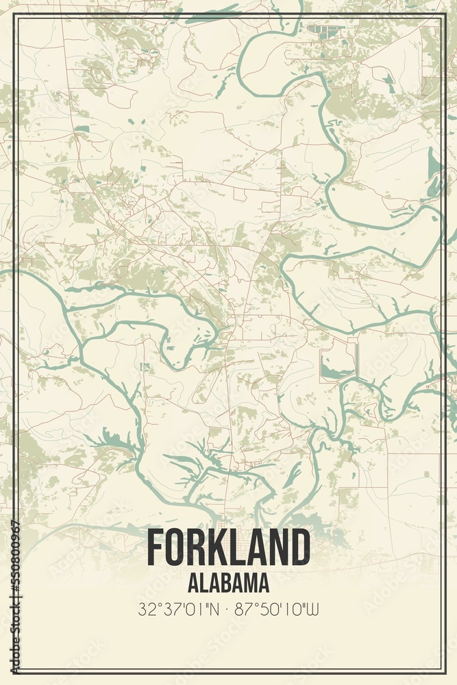 Fototapeta premium Retro US city map of Forkland, Alabama. Vintage street map.