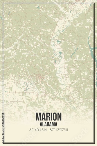 Retro US city map of Marion  Alabama. Vintage street map.