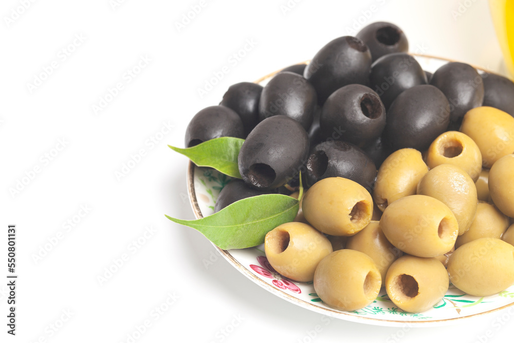 green and black olives isolated on white background green and black olives isolated on white background