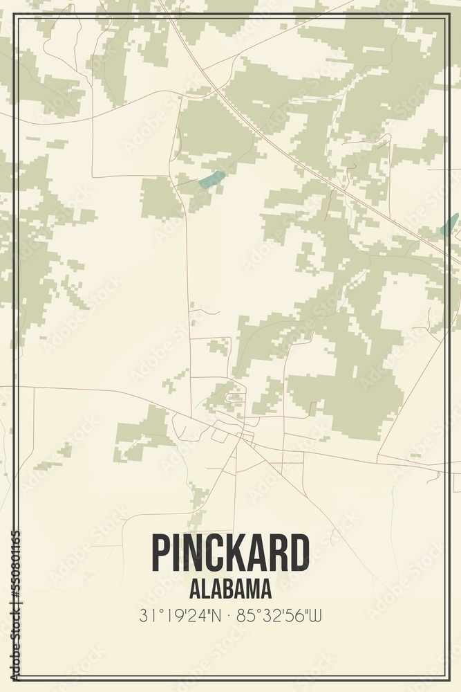 Retro US city map of Pinckard, Alabama. Vintage street map.